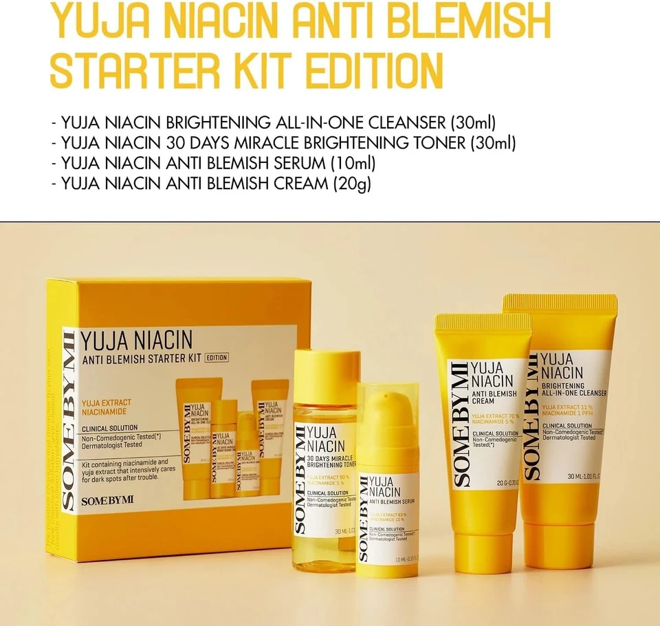 Some By Mi Yuja Niacin Anti-Blemish Starter Kit | Set of 4 Travel Kit | Includes Toner 30ml + Serum 10ml + Gel Cream 30g + Sleeping Mask 20g | For Natural Brightning of Skin