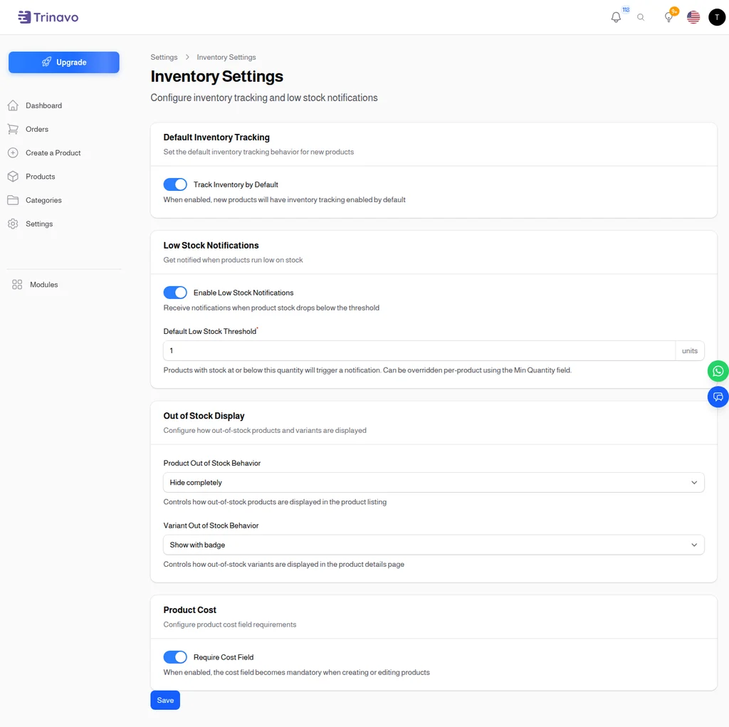 Inventory Settings page with Low Stock Notifications