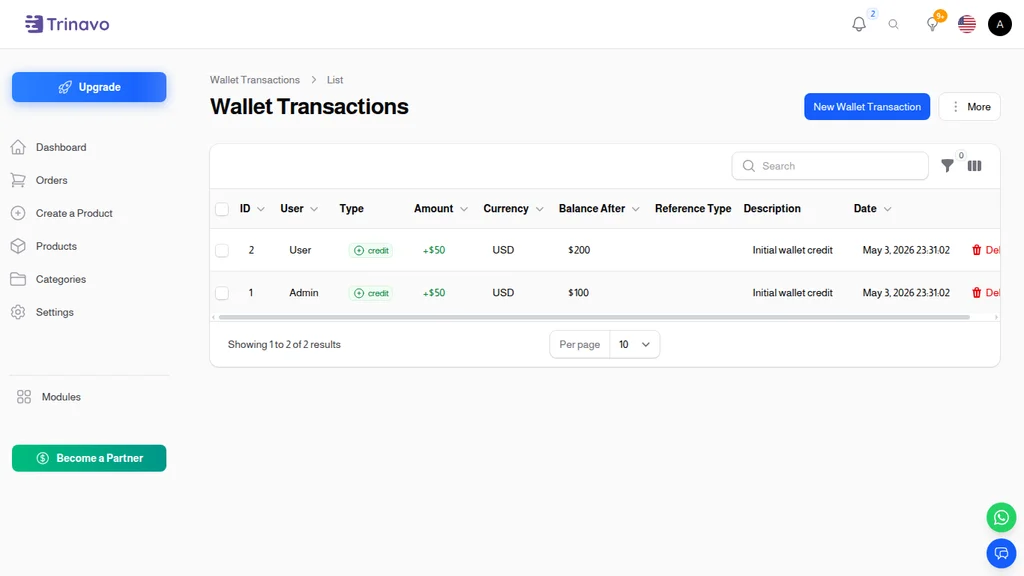 Wallet Transactions list