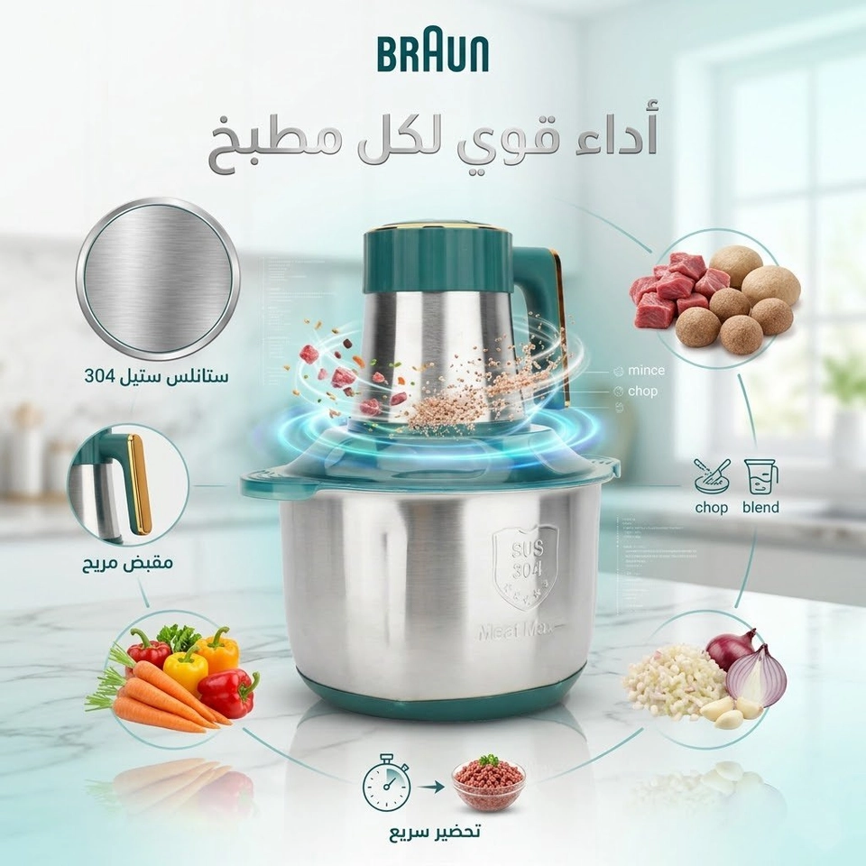 كبة كهربائية تفرم اللحم والخضروات والمكسرات بسرعة بقوة 8500وات مزودة بـ 5 سكاكين حادة - بـ 3 سرعات- سعة 6 لتر منBRAUN+ ضمان سنة