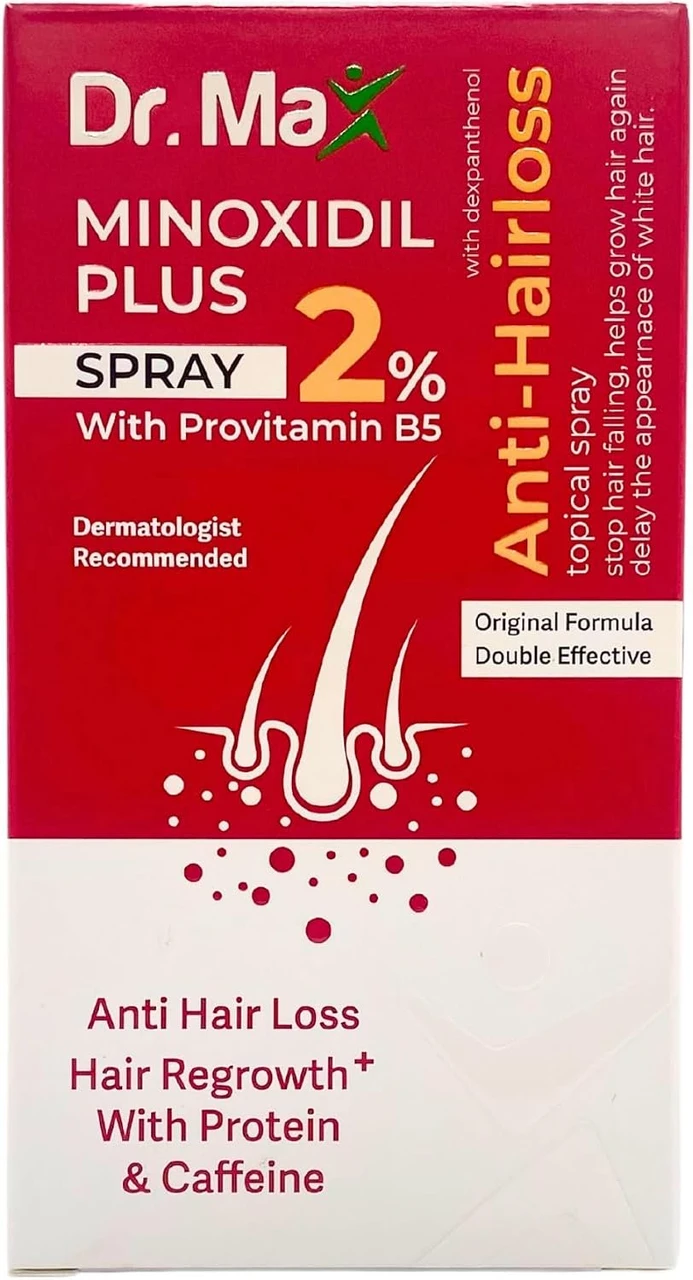 Dr Max Minoxidil Plus 2% Spray With Provitamin B5 (Dexpanthenol) Anti Hair Loss, Hair Regrowth With Protein & Caffeine