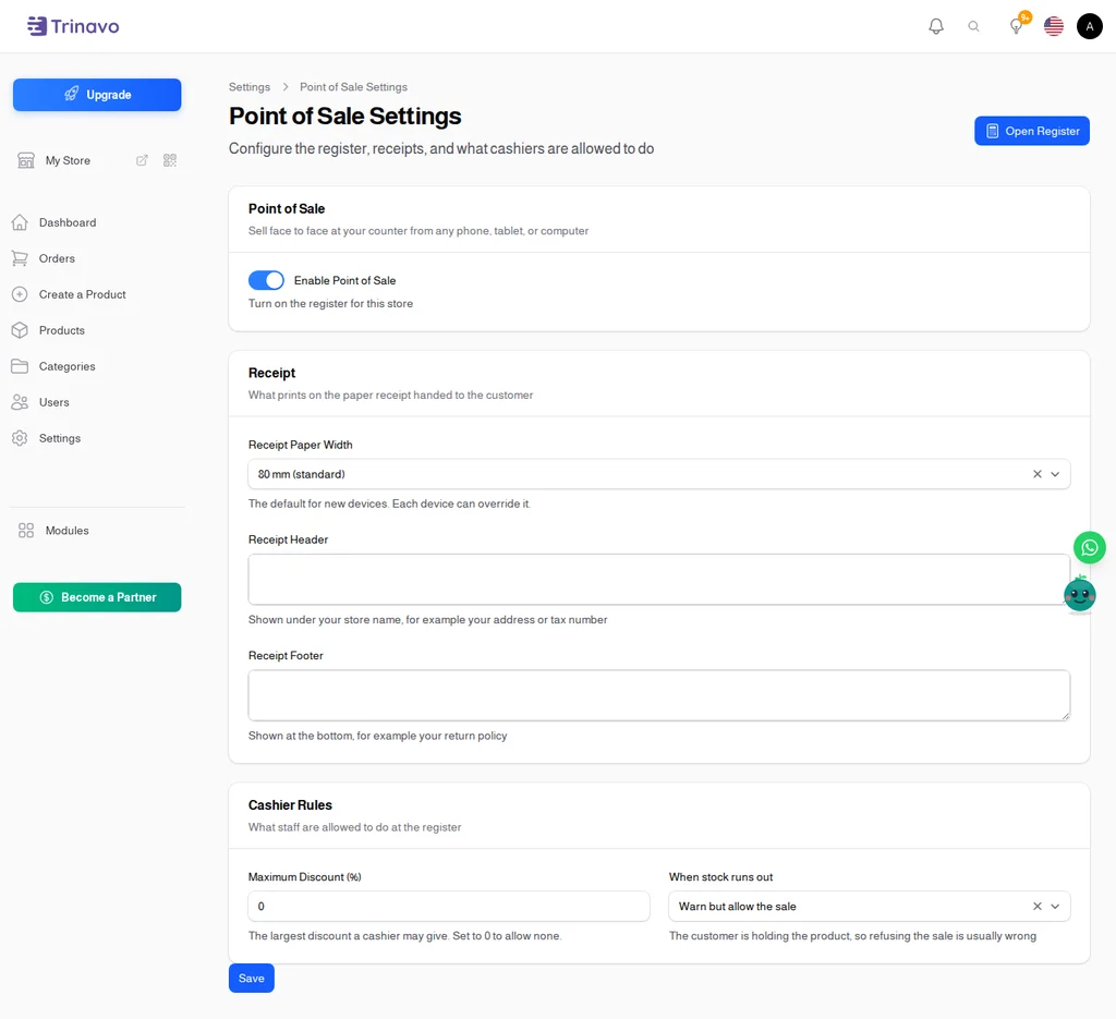 Point of Sale settings: the receipt lines, the discount limit, and the out of stock rule