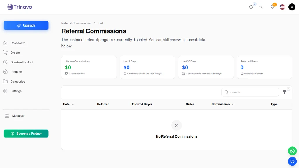 Admin referral commissions list