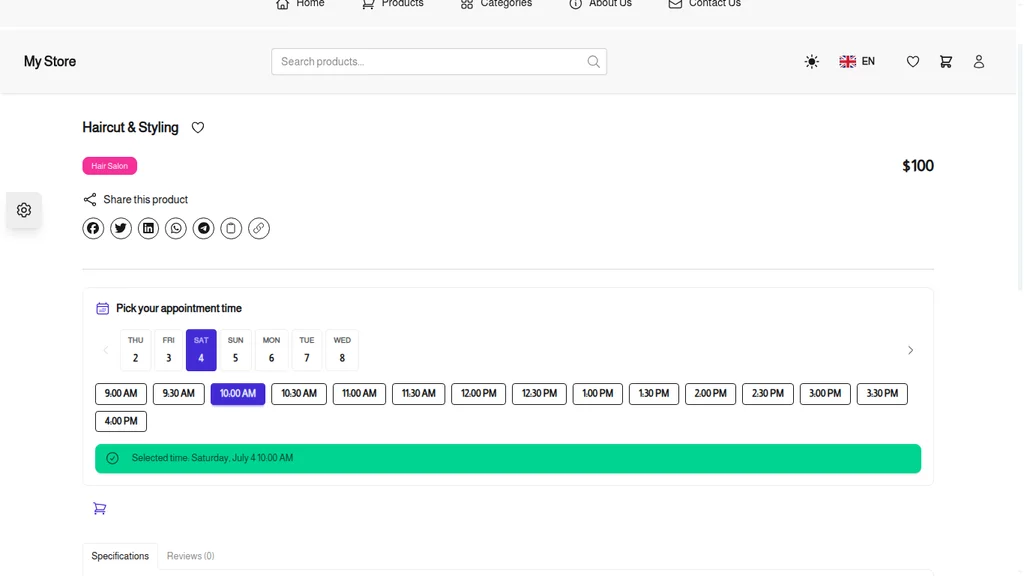 The storefront booking experience - day strip, available time slots, and the selected time confirmed