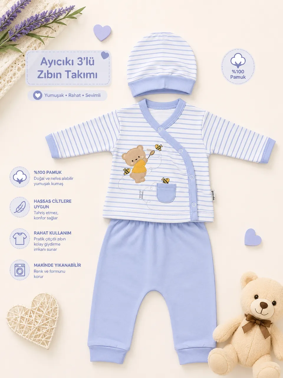 طقم بيبي 3 قطع – دب العسل 🧸💙