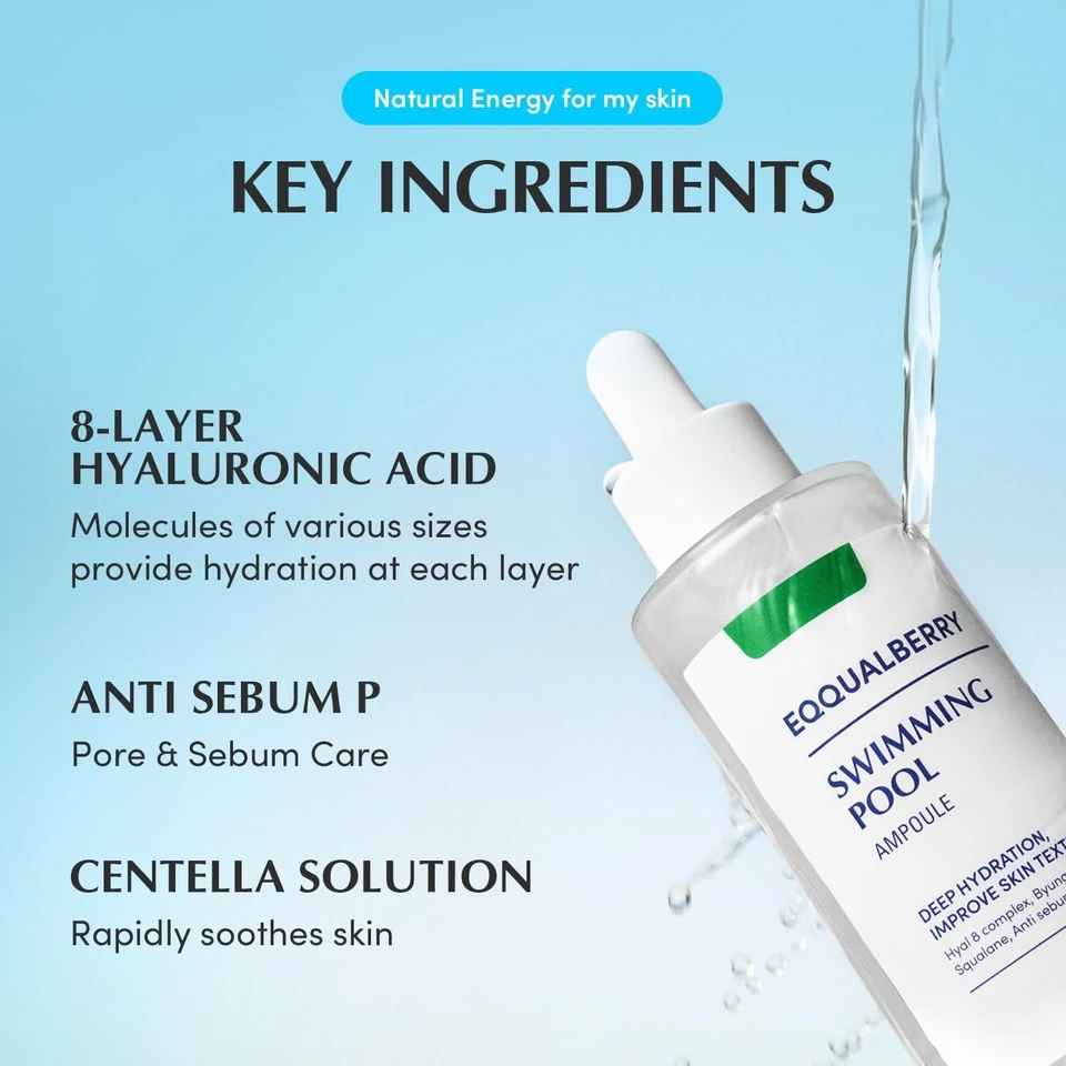 EQQUALBERRY Swimming Pool Ampoule 50 ml – Hydrating Hyaluronic Acid Serum with 8-Layer Hyaluronic Complex & Cica Extracts, Lightweight Soothing Daily Serum