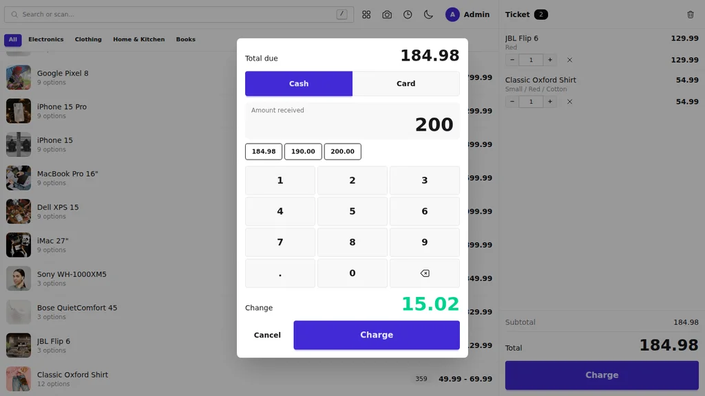 The payment screen with cash and card, quick amounts, a keypad, and the change owed