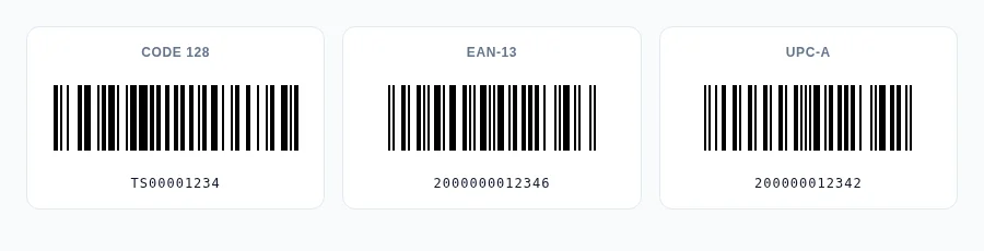 جميع صيغ الباركود الأربع — Code 128 و EAN-13 و UPC-A و QR