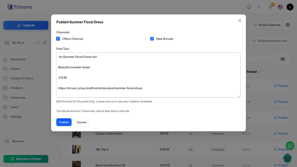 Choosing channels and editing the text before publishing