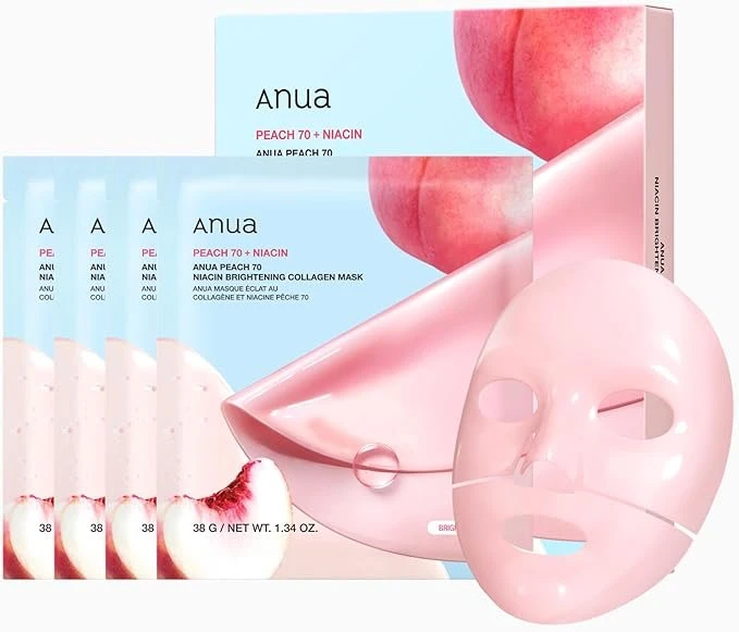 ANUA Peach 70 Niacin Brightening Collagen Mask, Overnight Face Mask for Glass Skin, Niacinamide, Collagen Facial Mask, Glow up with Hydration, Natural Color, Korean Skin Care (38g, 4ea)