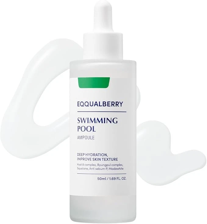 EQQUALBERRY Swimming Pool Ampoule 50 ml – Hydrating Hyaluronic Acid Serum with 8-Layer Hyaluronic Complex & Cica Extracts, Lightweight Soothing Daily Serum