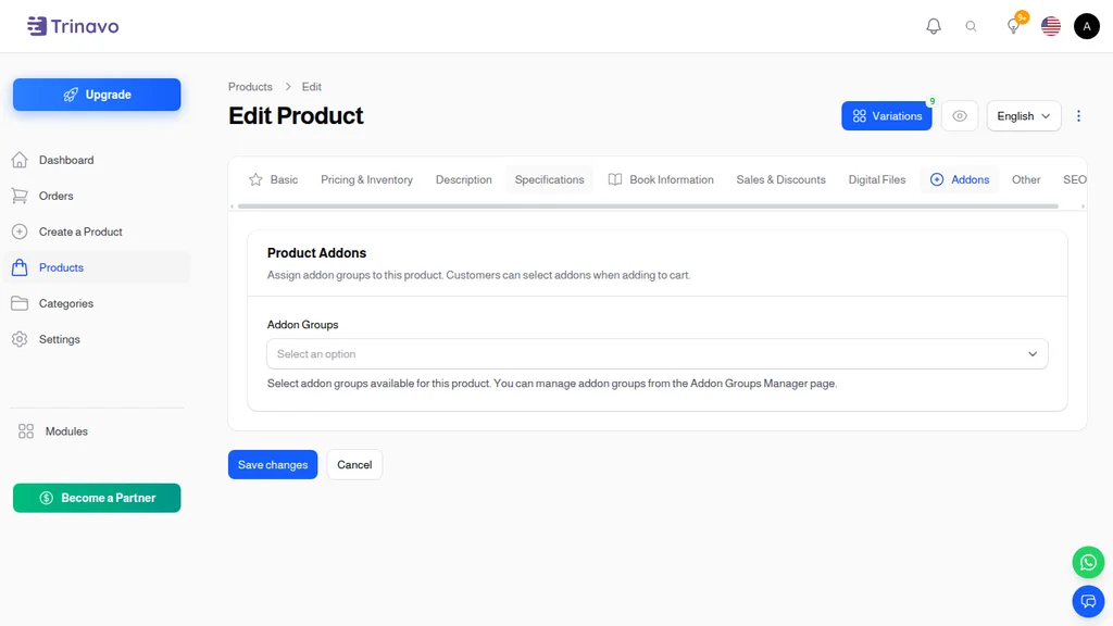 Product Addons Tab