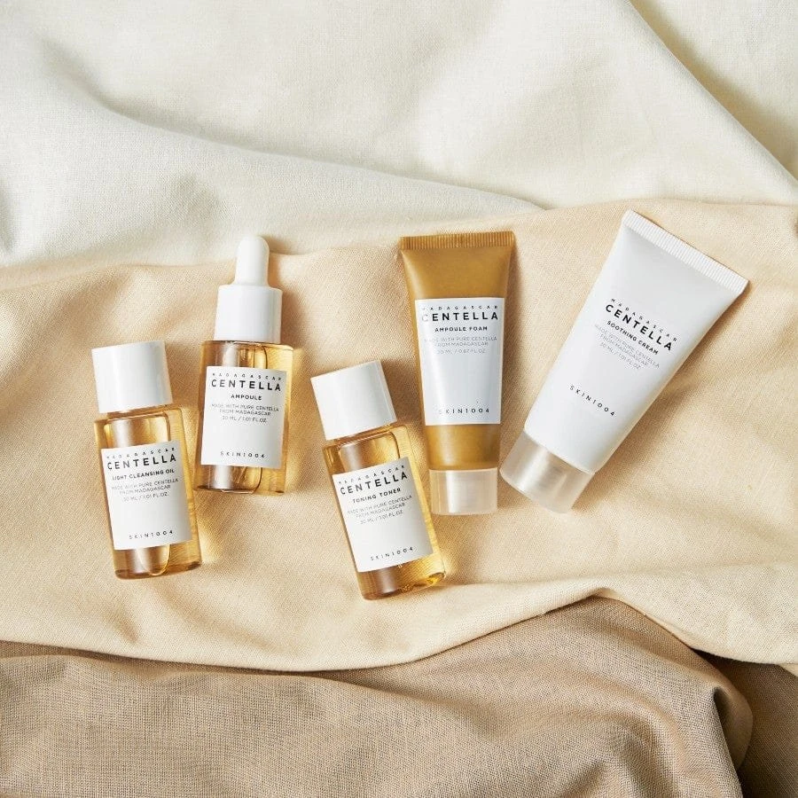 SKIN1004 Madagascar Centella Travel Kit, Toner, Ampoule, Soothing Cream, Cleansing Oil, Ampoule Foam, Basic Skincare Box, Compact Size, Soothing Calming