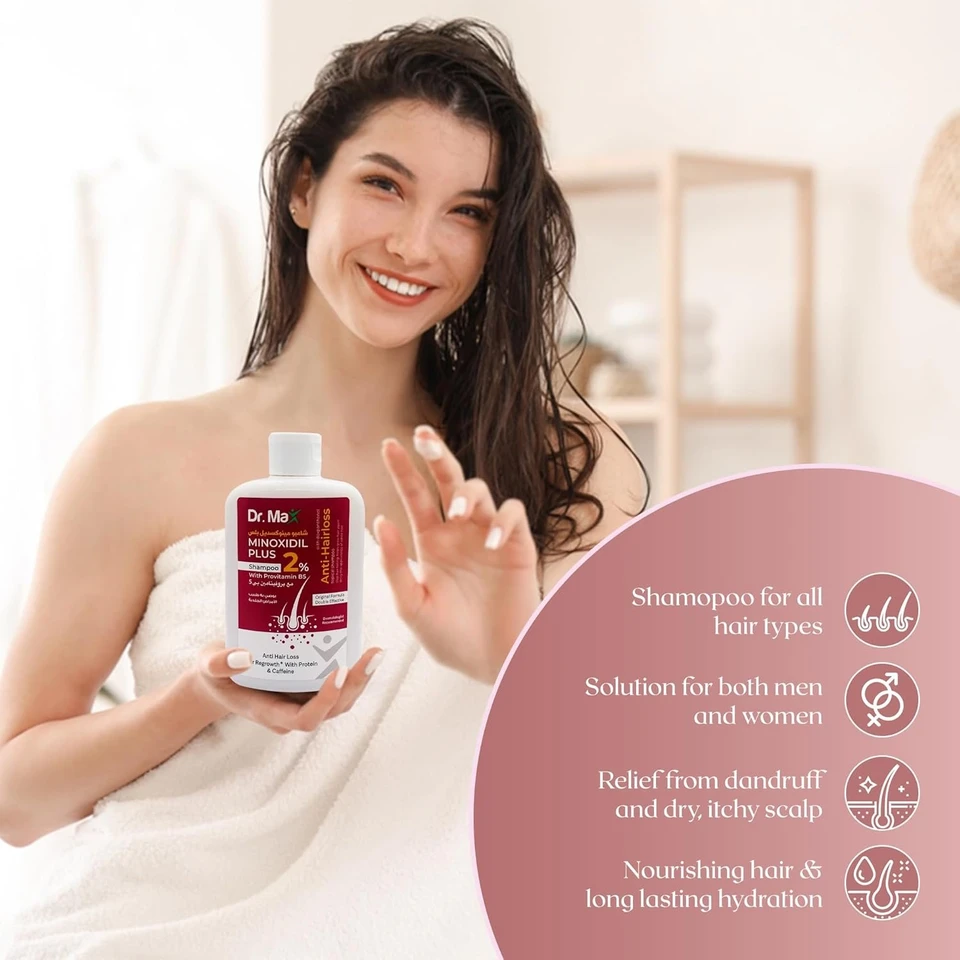 Dr Max Minoxidil Plus 2% Shampoo With Provitamin B5 (Dexpanthenol) Anti Hair Loss, Hair Regrowth With Protein & Caffeine