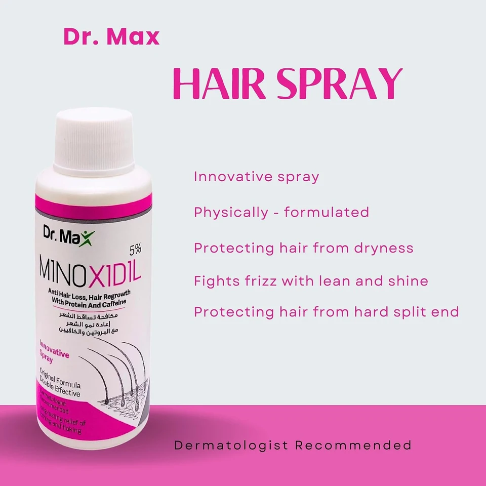 Dr Max Minoxidil 5% Anti Hair Loss Spray, Hair Regrowth With Protein Caffeine Long Lasting Relife of Itching And Flaking