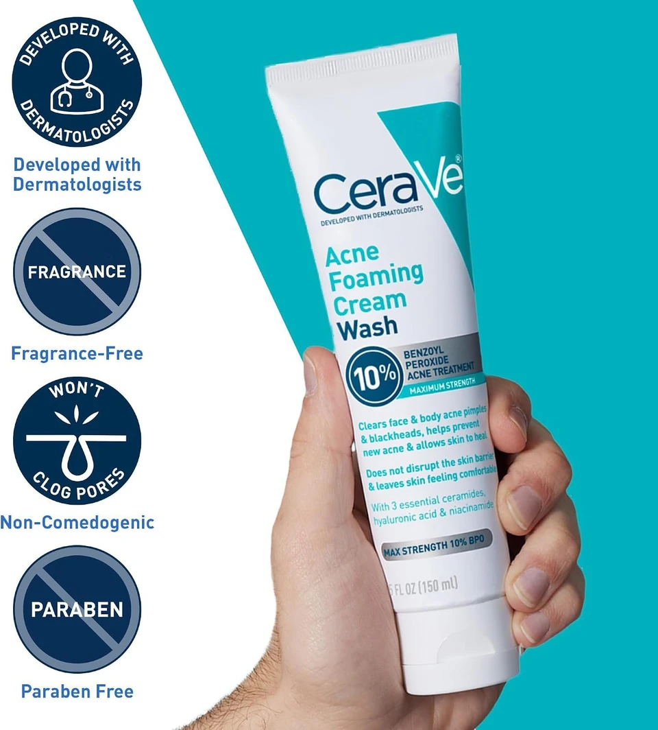 CeraVe Foaming Acne Face and Body Wash with Benzoyl Peroxide, Hyaluronic Acid, and Niacinamide -150ml