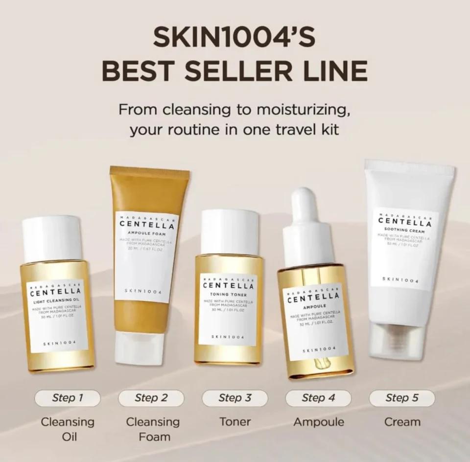 SKIN1004 Madagascar Centella Travel Kit, Toner, Ampoule, Soothing Cream, Cleansing Oil, Ampoule Foam, Basic Skincare Box, Compact Size, Soothing Calming