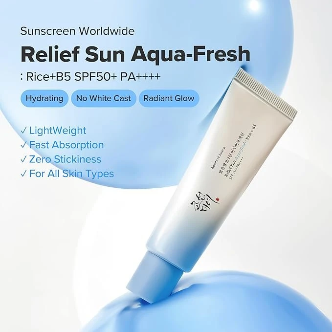 Beauty of Joseon Relief Sun Aqua-Fresh Sunscreen Rice + Panthenol SPF 50+ PA++++ Lightweight Daily UV Protector for Acne-Prone Sensitive Skin Korean skincare for Men and Women 50ml