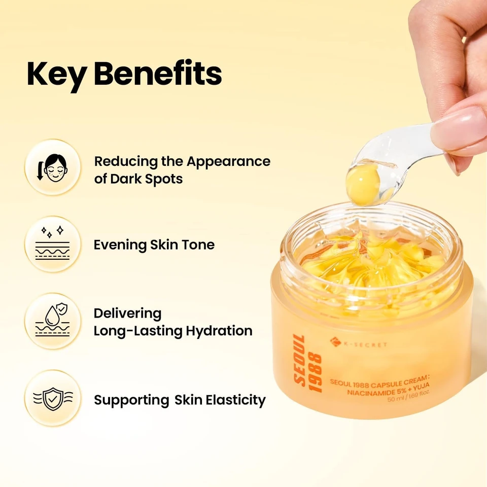 K-SECRET SEOUL 1988 Niacinamide Capsule Cream – Hydrating Face Moisturizer with 5% Niacinamide and Yuja | Vitamin C Capsule Cream for Dark Spots, Uneven Skin Tone | Korean Skincare, 50ml