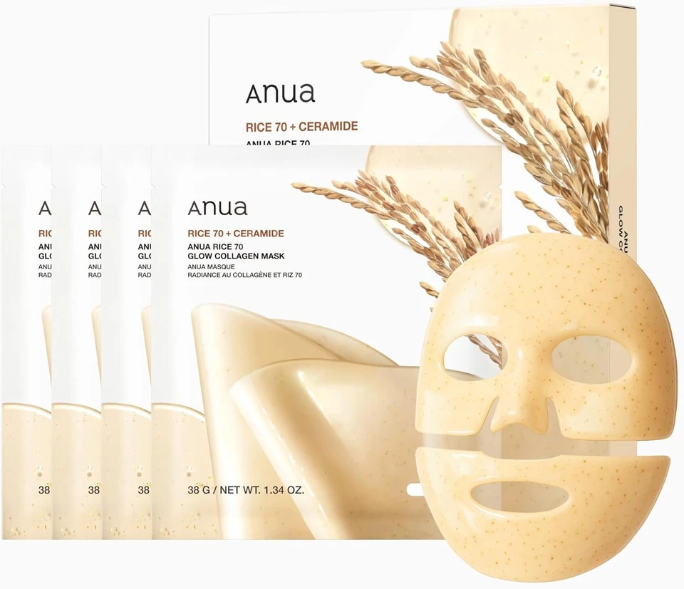 ANUA Rice 70 Glow Collagen Mask, Overnight Face Mask for Glass Skin, Ceramide, Collagen Facial Mask, Skin Moisture Barrier, Tightening Care, Natural Color, Korean Skin Care (38g, 4ea)