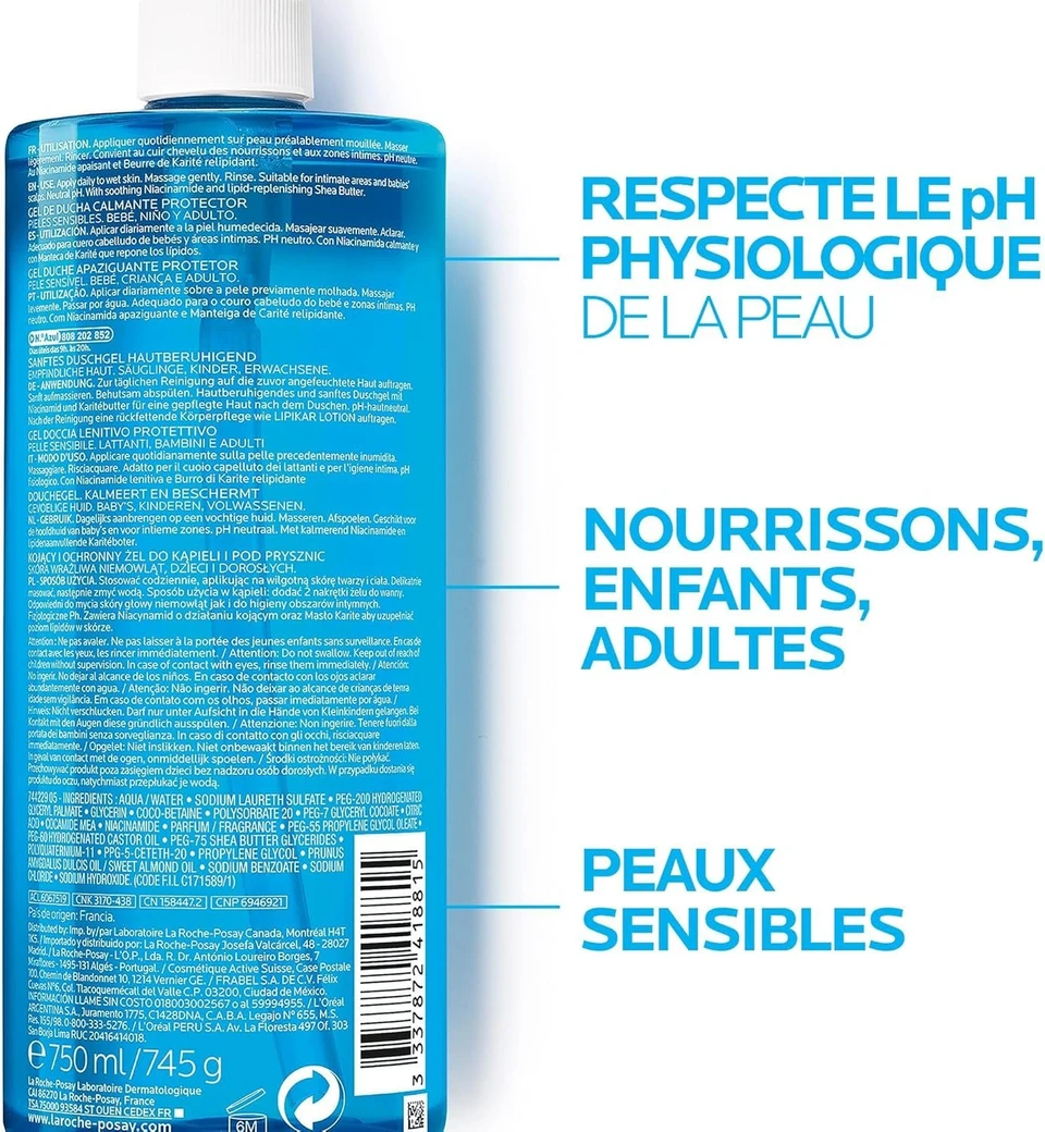 La Roche Posay Lipikar Gel Lavant Skin Soothing Gentle Shower Gel for Dry Sensitive Skin with Niacinamide Daily Cleansing 750 ml