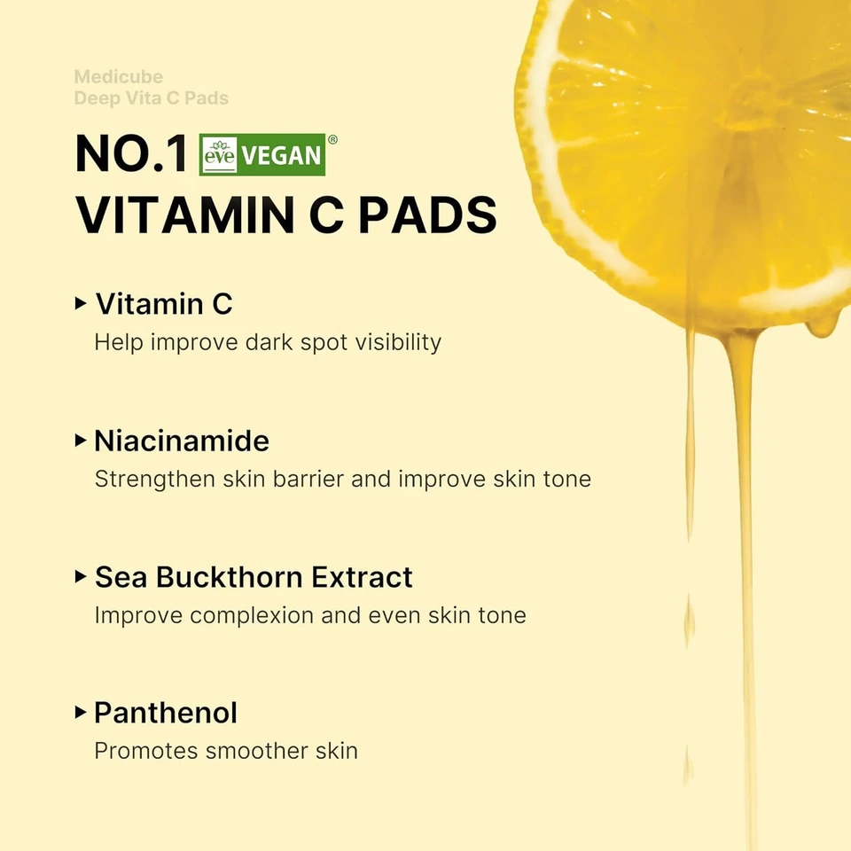 medicube Deep Vita C Facial Pads, Vitamin C Toner Pads for Uneven Skin Tone, 500,000PPM of vitamin water & 3 types of vitamin, Hydrating & Resurfacing (70 sheets)