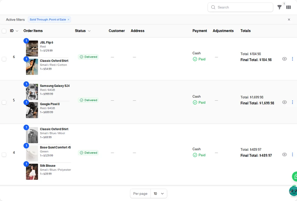 Orders filtered to counter sales, each paid in cash and marked delivered