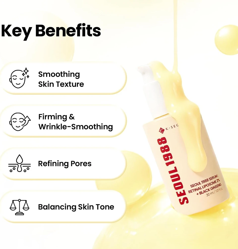 K-SECRET SEOUL 1988 Retinal Serum – Formulated with Advanced Retinal Liposome 2% and 58% Black Ginseng Extract | Fine Lines and Skin Texture Care Serum | Korean Skincare, 30ml