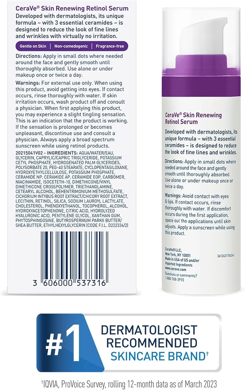 CeraVe Anti Aging Retinol Serum 1 Ounce Cream Serum for Smoothing Fine Lines and Skin Brightening Fragrance Free 30ml