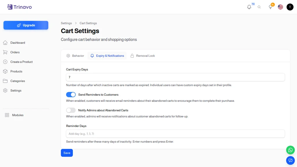 Cart Expiry & Notifications settings