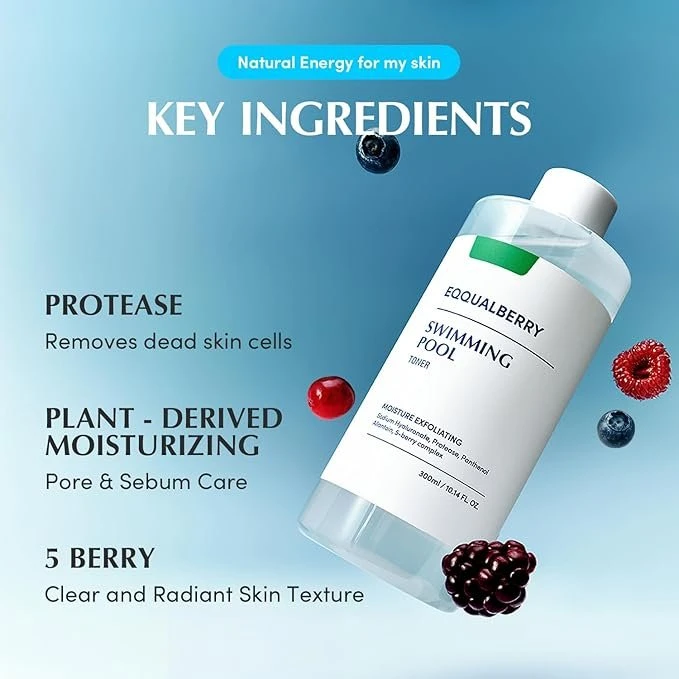 EQQUALBERRY Swimming Pool Face Toner 300ml - Gentle Daily Exfoliating and Moisturizing Facial Wash with Natural Enzymes and Hyaluronic Acid, Alcohol-Free, Low pH for Sensitive Skin