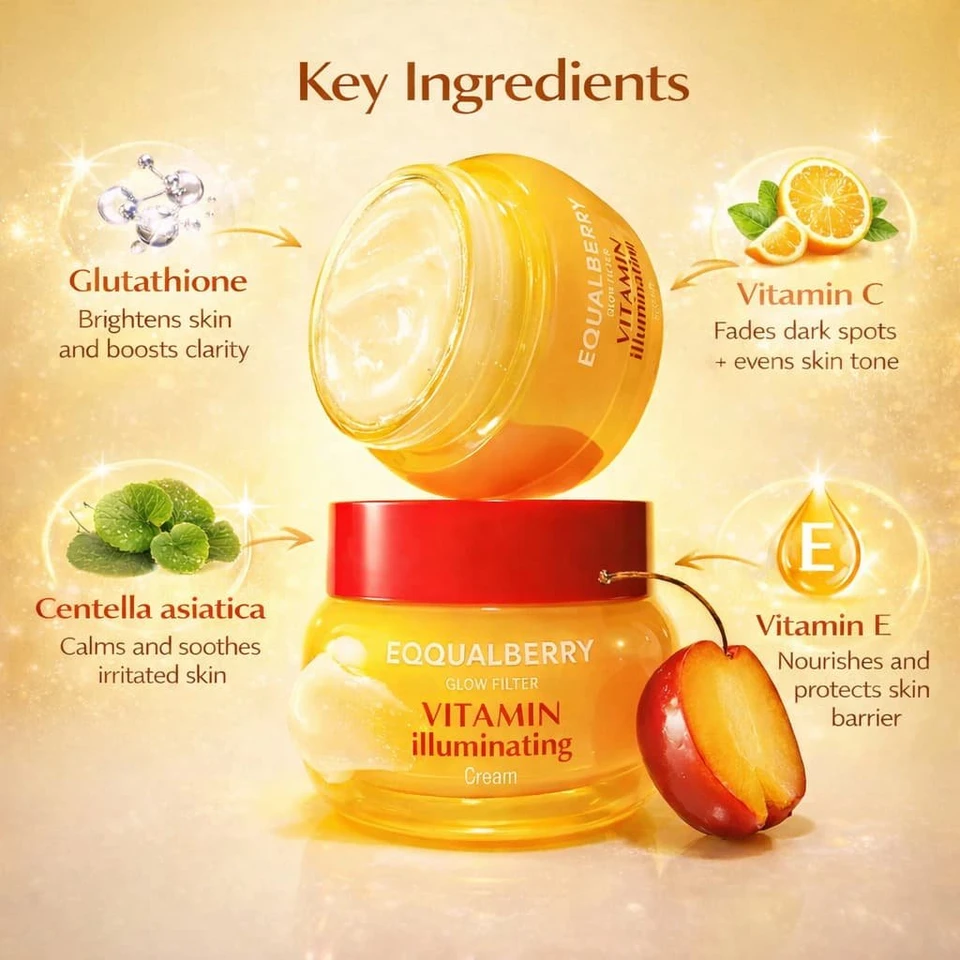EQQUALBERRY Vitamin Illuminating Cream 50 ml – Brightening Face & Body Moisturiser with Niacinamide, Tranexamic Acid & Vitamin C, Lightweight Hydration & Skin Tone Support