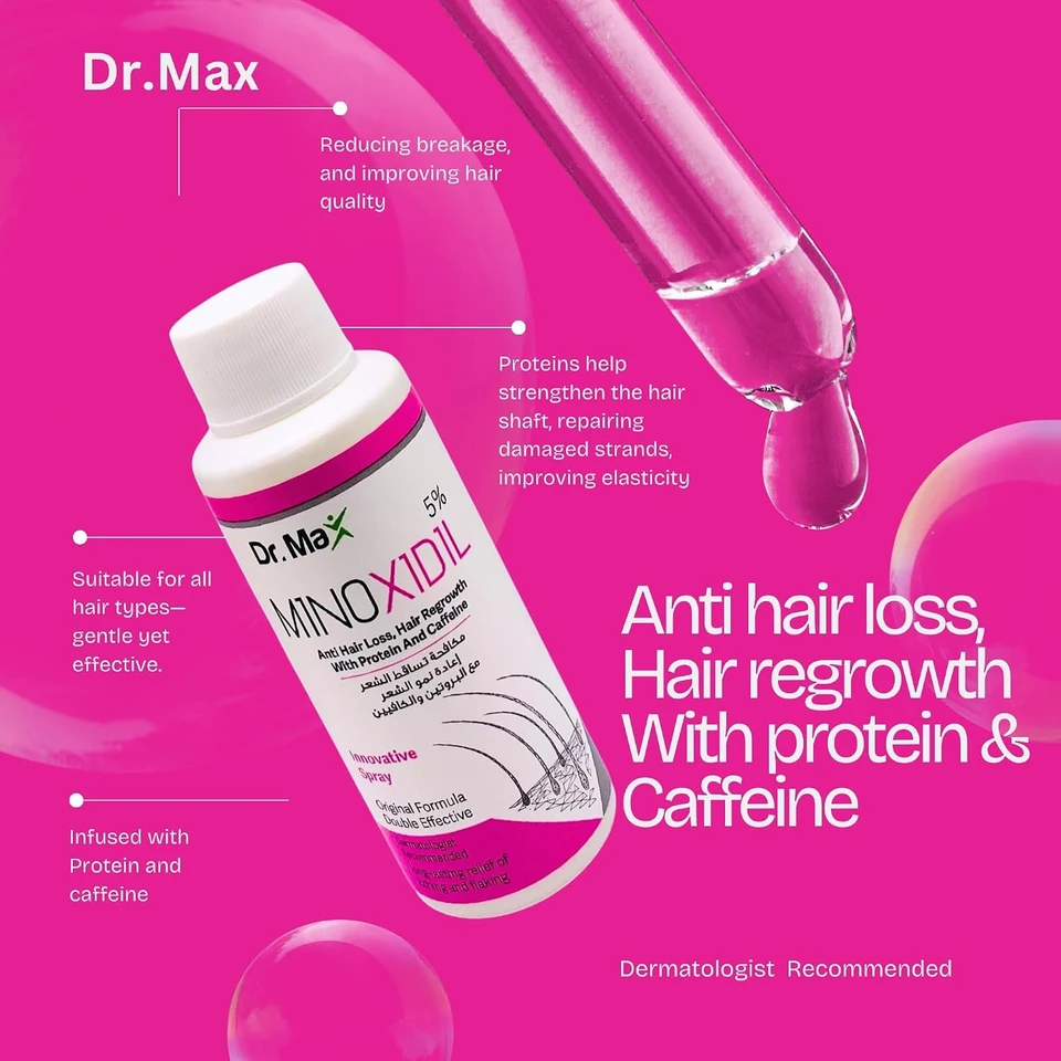 Dr Max Minoxidil 5% Anti Hair Loss Spray, Hair Regrowth With Protein Caffeine Long Lasting Relife of Itching And Flaking