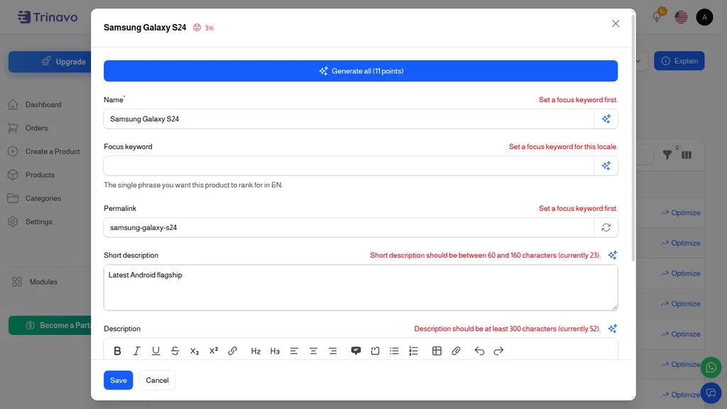 Modal after the Magic button — fields populated, hints cleared, score jumped