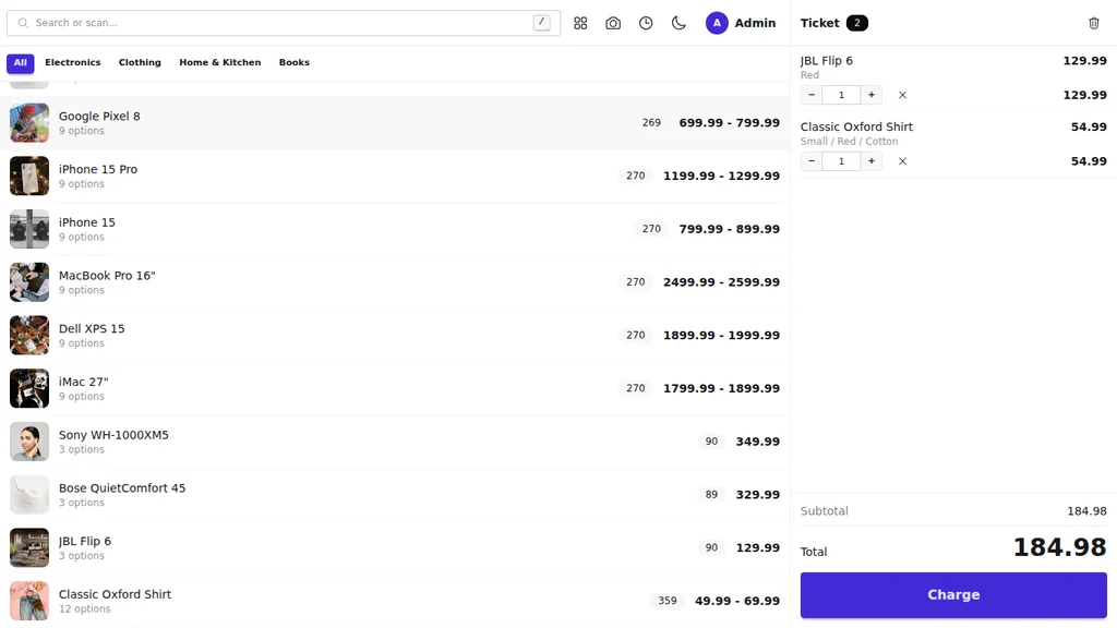 The selling screen: search, product list with photos, and the open ticket with its total