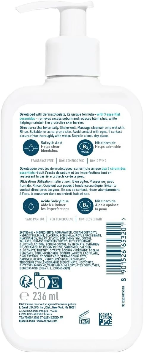 CeraVe Blemish Control Cleanser Face Wash For Acne & Blemish Prone Skin 236ml