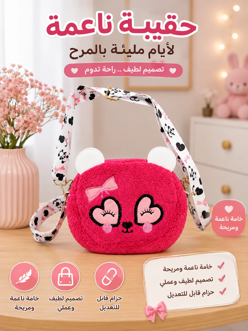 حقيبة كتف فرو وردية لطيفة للأطفال 🎀