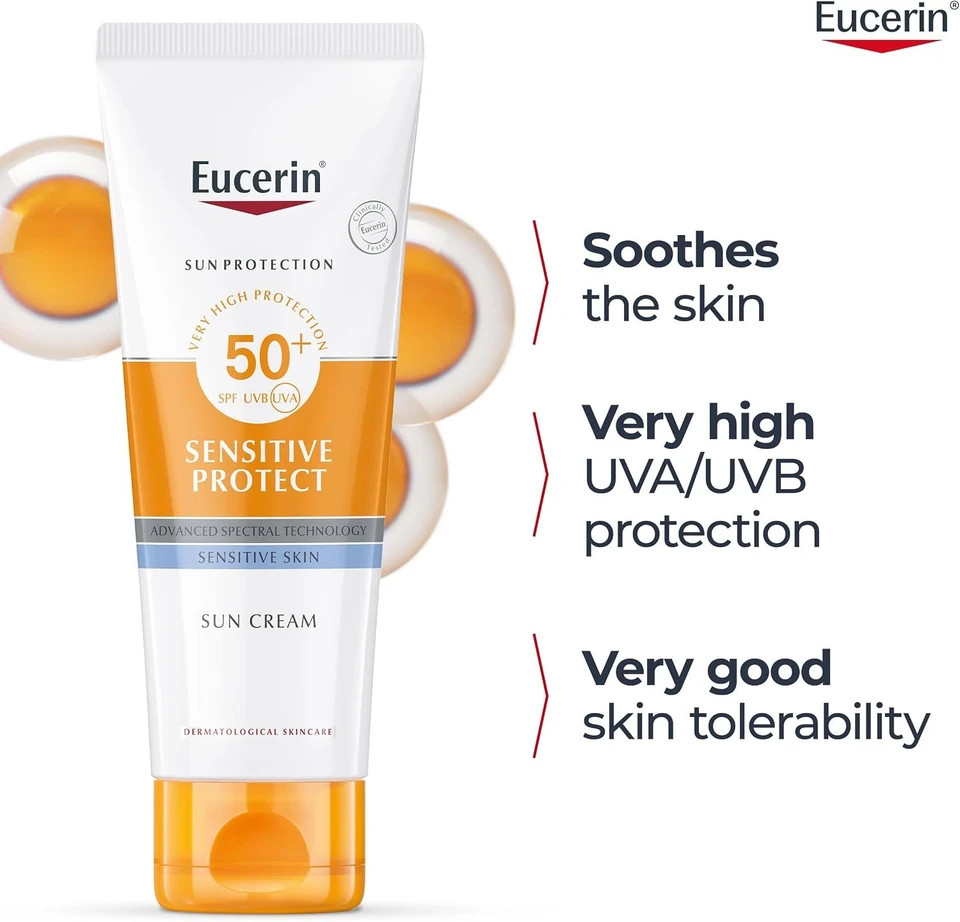Eucerin Sun Sensitive Protect Facial Sunscreen, High UVA/UVB Protection, SPF 50+, Water-Resistant, Fragrance-Free, Sun Protection For Sensitive and Dry Skin, Suitable for Atopic Skin, 50ml