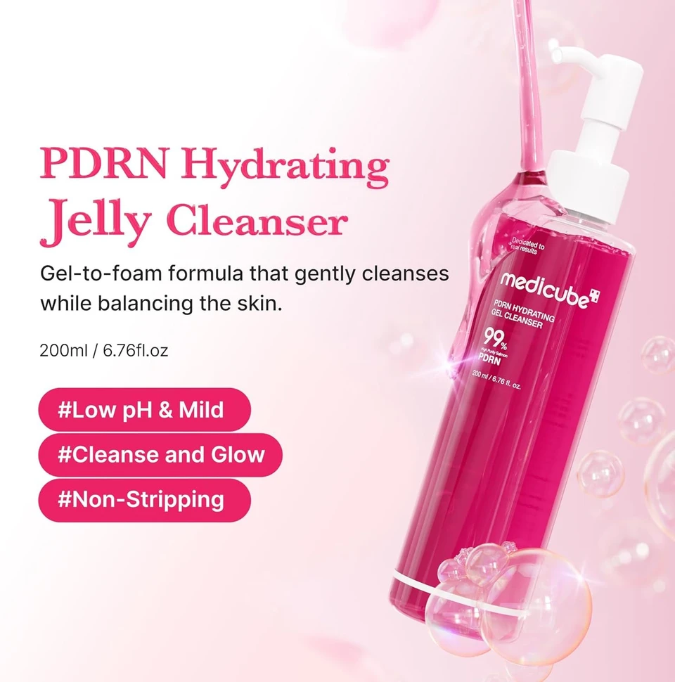 medicube PDRN Jelly to Foam Cleanser | Low pH Hydrating Daily Face Wash for All Skin Types | With PDRN, Collagen & LHA | Gentle Pore Care & Radiant, Balanced-Looking Skin 200ml