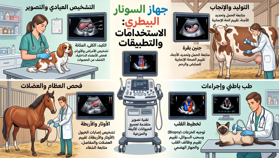 السونار البيطري : الاستخدامات التشخيصية والتناسلية والطوارئ والعلاجية والإرشاد الجراحي.