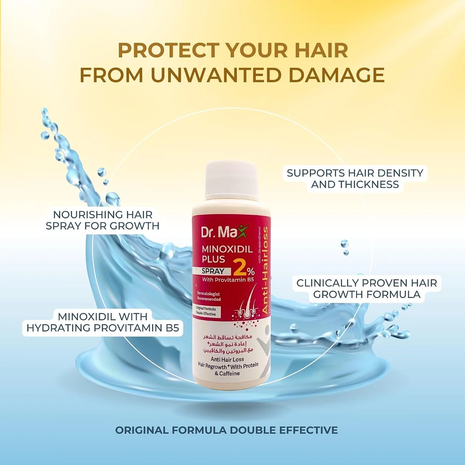 Dr Max Minoxidil Plus 2% Spray With Provitamin B5 (Dexpanthenol) Anti Hair Loss, Hair Regrowth With Protein & Caffeine
