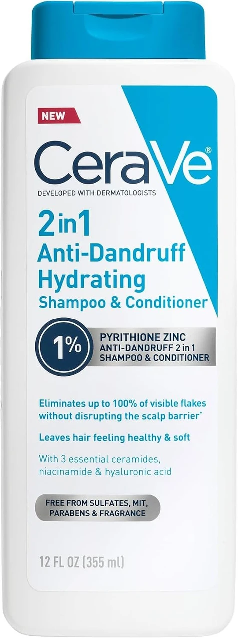 CeraVe 2 In 1 Hydrating Anti Dandruff Shampoo And Conditioner, 1% Pyrithione Zinc Dandruff Treatment, Color Safe & Sulfate Free Shampoo And Conditioner, Helps Eliminate Dandruff & Relieve Itchy Scalp 355ml