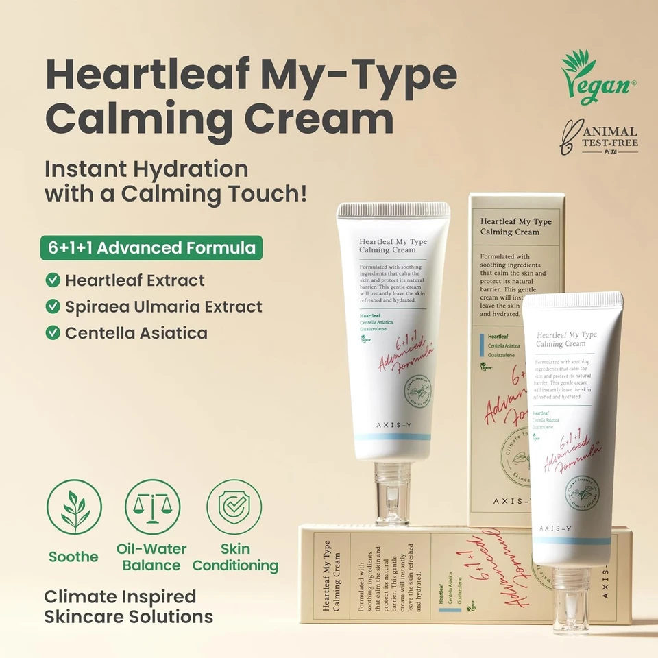 AXIS-Y Heartleaf My Type Calming Cream 60ml - Soothing, Redness Relief & Long Lasting Moisture Dewy Skin Daily Face Lotion - Vegan Korean Skin Care Moisturizer Face Cream