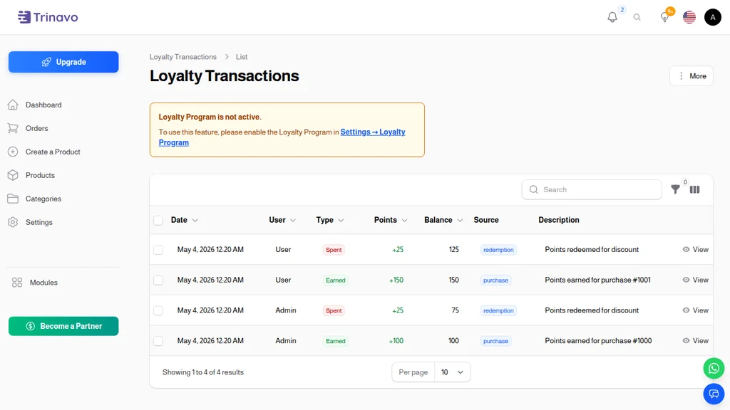 Loyalty Transactions list