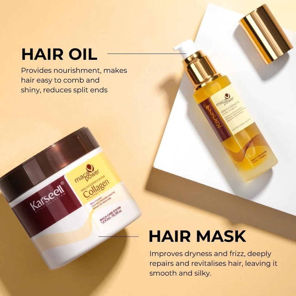 Karseell Collagen Hair Mask and Argan Oil Set for Repair, Moisturize hair | 500ml + 50m, Helps Hydrate Hair, Control Frizz, and Leave Hair Soft & Shiny for Dry Damaged Hair