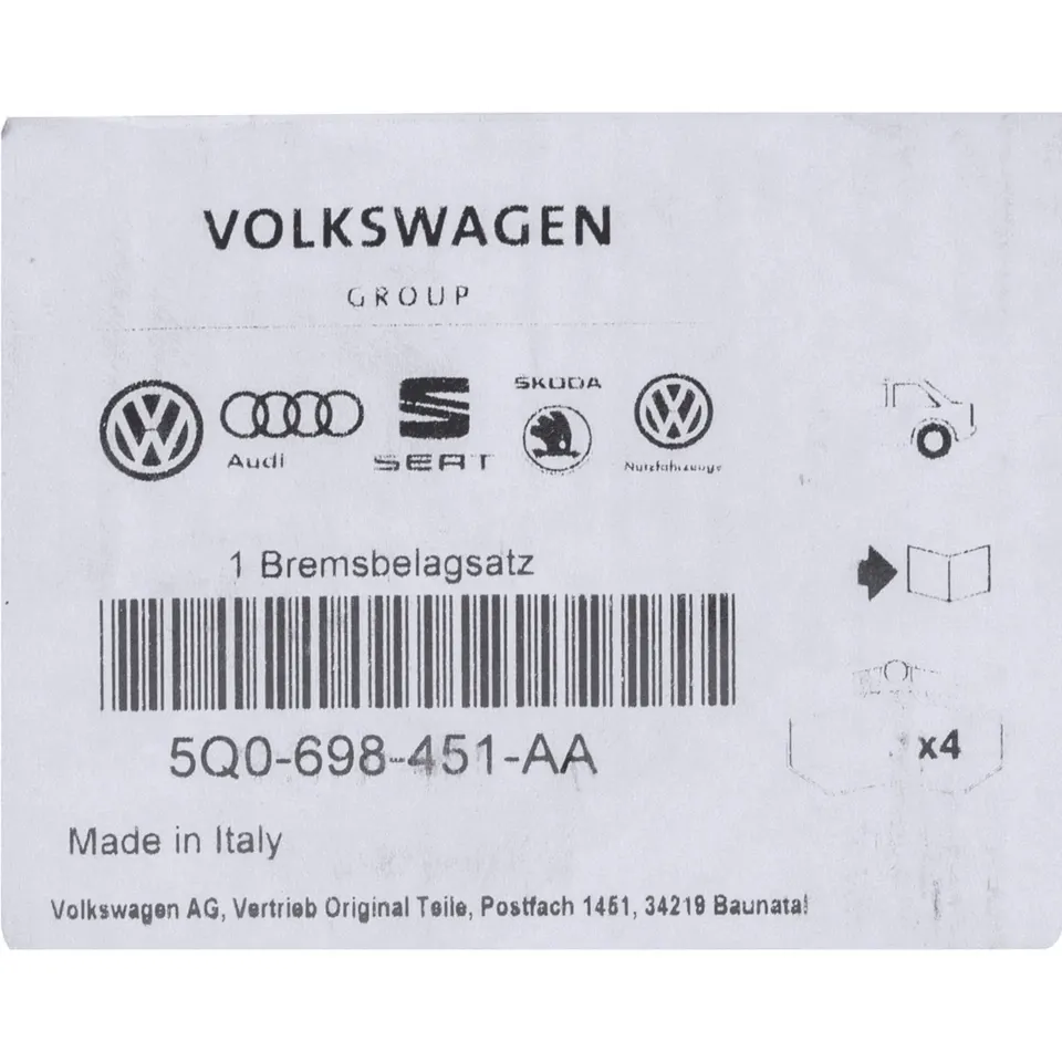 Complete Brake Pad Set for Rear Axle Original VW Brake Pads 5Q0698451AA
