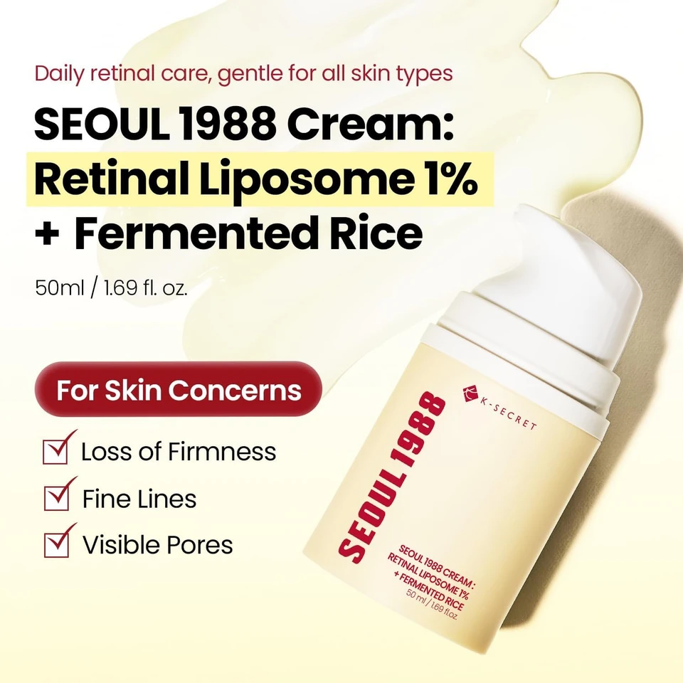 K-SECRET SEOUL 1988 Retinal Cream – Formulated with Advanced Retinal Liposome 1% and Fermented Rice Extract | Daily Fine Lines and Skin Texture Care | Korean Skincare, 50ml