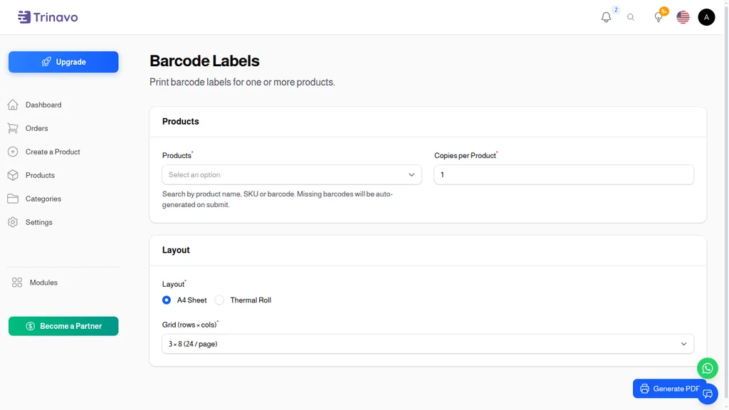 Trinavo Barcode Labels admin page
