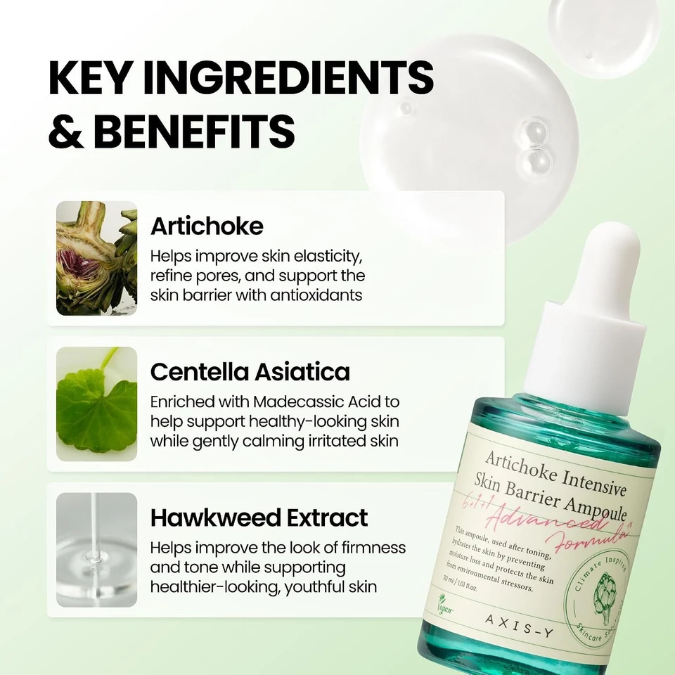 AXIS-Y Artichoke Intensive Skin Barrier Ampoule 30ml - Face Moisturizer Dark Spot Corrector Centella Asiatica Facial Serum - Vegan Korean Skincare for All Skin Types 