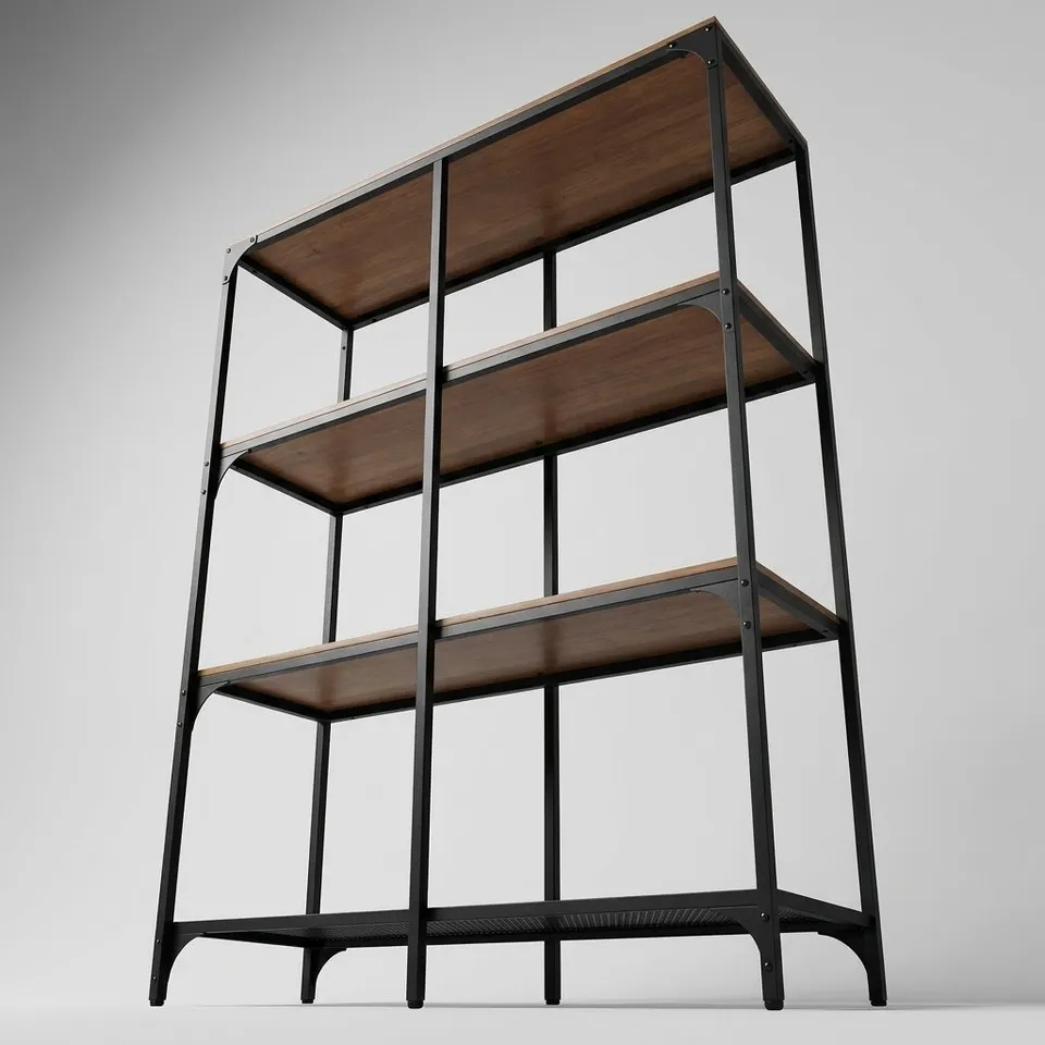 رف عرض وتخزين معدني عصري بتصميم شبكي 3×3 مكتبة مفتوحة بأرفف خشبية وهيكل أسود أنيق